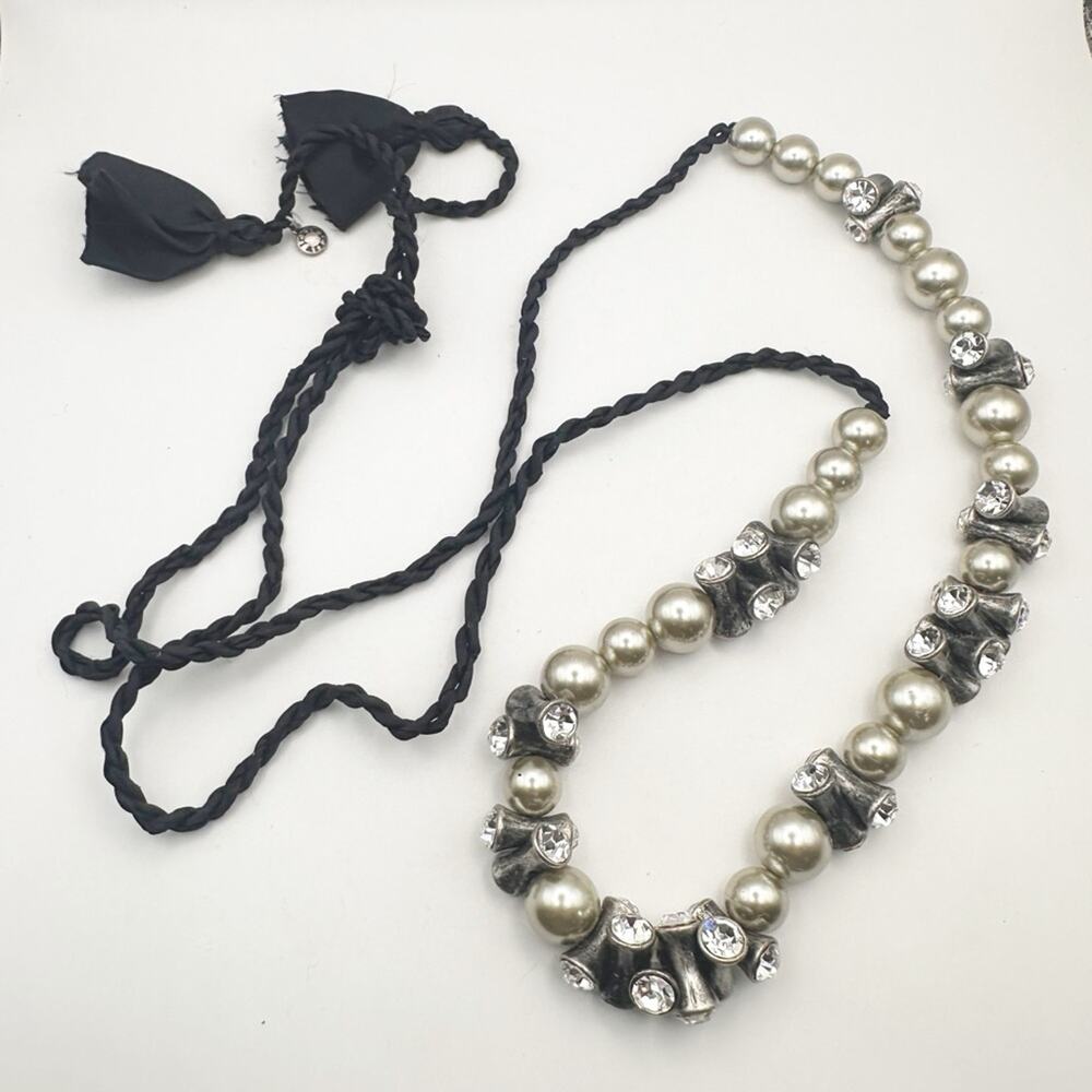 J Crew Black Knotted Cord Necklace CZ Rhinestone Long Gray Faux Pearls Jewelry